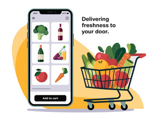 online grocery shopping concept with smartphone app interface, fresh fruits and vegetables in shopping cart, and delivery message