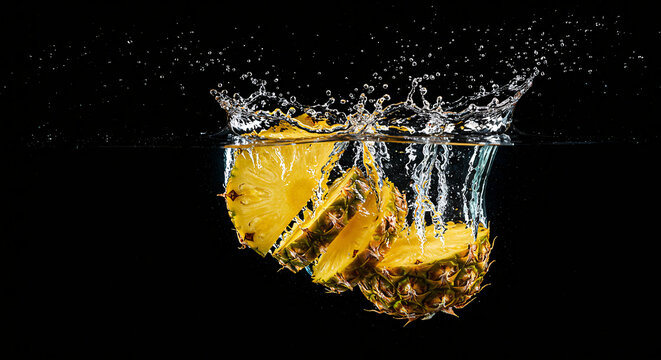 Slices of pineapple falling into water, creating a splash against a dark background, capturing the moment of impact and water movement. - Powered by Adobe