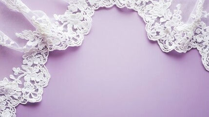 Delicate white lace trim against a soft lavender background