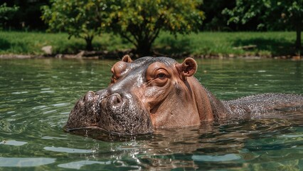 Fototapeta premium Large hippo swimming calmly in a body of water