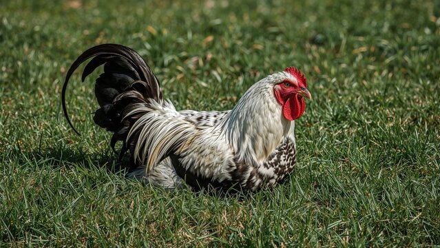 Garden scene with a rooster on the lawn