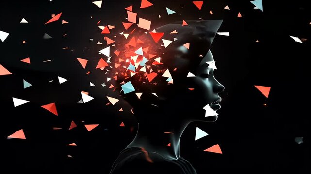Profile view of a woman with geometric shapes erupting from her head.