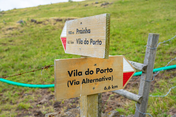 Direction arrows for pedestrian path to Vila do Porto on alternative path and Prainha, Azorean island of Santa Maria-Portugal