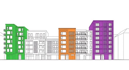 Vector illustration of a modern city skyline with various buildings, houses, and urban architecture