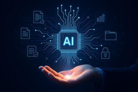 Ai technology glowing chip above hand showing innovation data flow and secure digital system interface with icons of charts files folders and padlock - Powered by Adobe