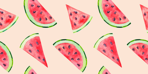 Watercolor illustration of watermelon. Seamless pattern of watermelon slices, triangles on a beige background.
