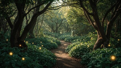Fototapeta premium Magical woodland glowing with fairy lights and a bright sunny trail