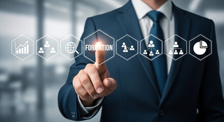 Businessman s finger touching the word formation on a digital interface with icons