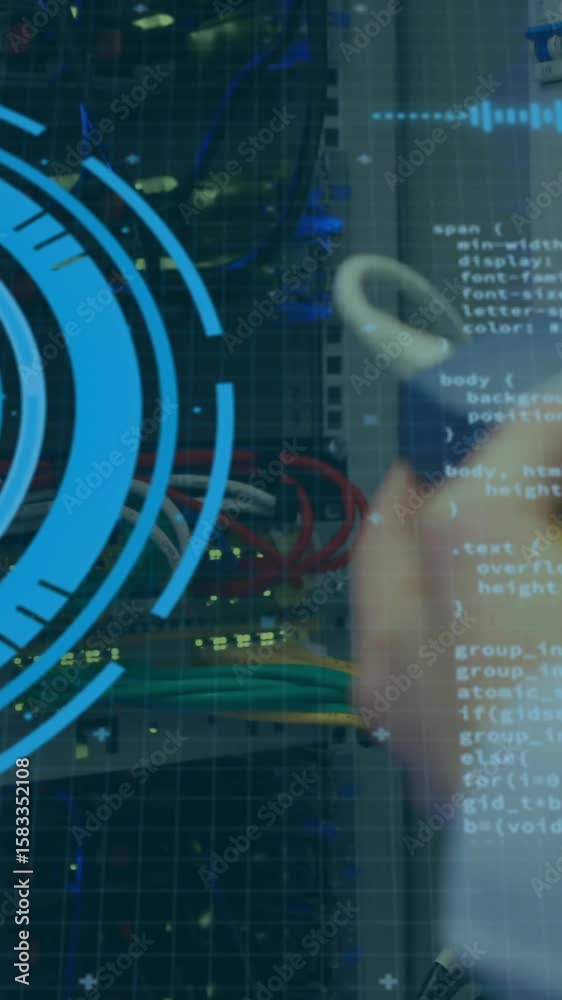 Poster circular data processing animation over person working with network cables and code