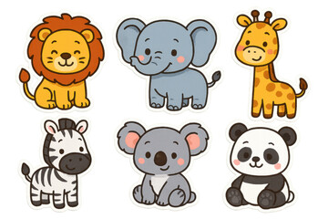 Fototapeta premium Adorable baby wild animals stickers collection featuring lion, elephant, giraffe, zebra, koala and panda