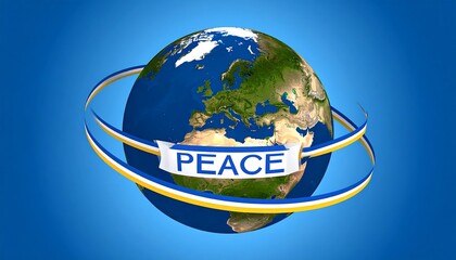 Earth globe, encircled by peace ribbons