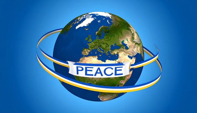 Earth globe, encircled by peace ribbons