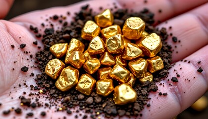 nuggets of natural gold with soil particles, close up on palm, high detail and texture