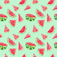 Summer watercolor illustration. Seamless pattern of watermelon slices with bright red flesh, half of watermelon on a light green background.