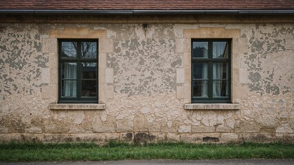 Fototapeta premium Front view of an aged building with dual window openings