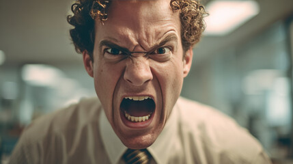 Man with curly hair dressed in office attire angrily yelling with wide-open mouth and intense facial expression in an indoor office environment with blurred background people working