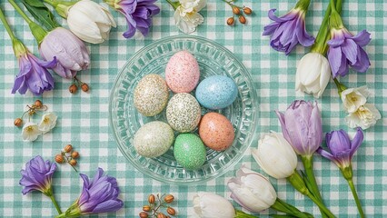 Spring-themed flat lay featuring decorated eggs on glass, iris blossoms, and cape gooseberries on a patterned tablecloth