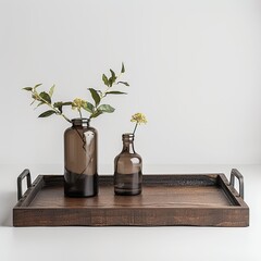 Rustic wooden tray with decorative vases and flowers showcasing a serene still life