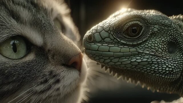 cat and lizard face to face, cat and lizard interaction up close, emotional cat and lizard stare, animal encounter, feline reptile, curious stare
