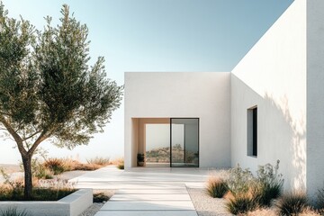 A minimalist house in the desert, with white walls and glass windows. The entrance is framed by an olive tree on one side, leading to a courtyard where plants blend into the landscape.