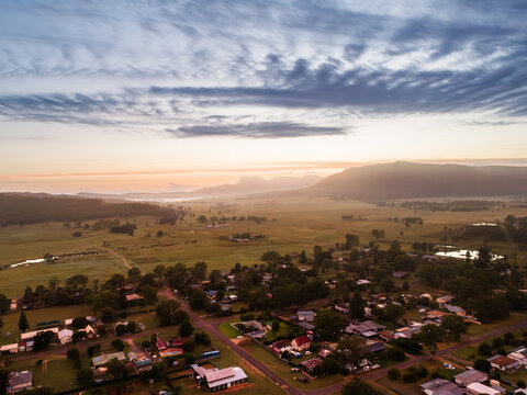 Aerial view of little country town of Broke in Hunter Valley wine region with predawn skies