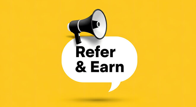 Refer and Earn Promotion with Megaphone on Yellow Background - Boost Your Business with Referral Programs and Marketing Campaigns for Success