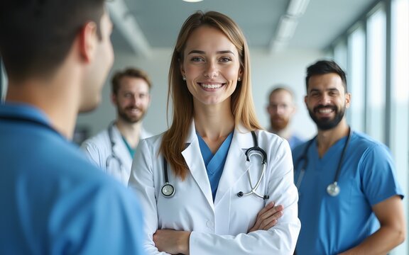 Attractive female doctor in front of medical group. High quality