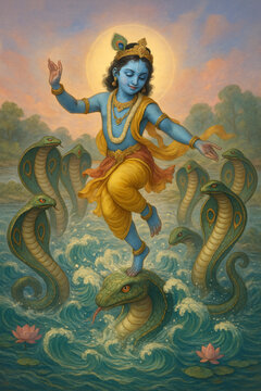 A dramatic portrayal of young Lord Krishna subduing the multi-headed serpent Kaliya,
 
dancing victoriously on the serpent&rsquo;s hood in the Yamuna River

