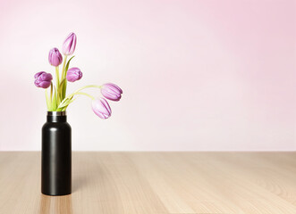 Pink and Yellow Tulips in Minimalist Black Vase
