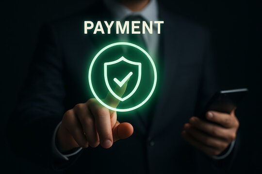 Digital secure payment interface showing businessman using mobile phone with glowing shield icon indicating trust in safe transactions financial verification and protection technology