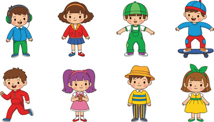 Cartoon children in colorful outfits, dancing, cooking, painting, music, science, fun activities, educational creativity, vector illustration for kids