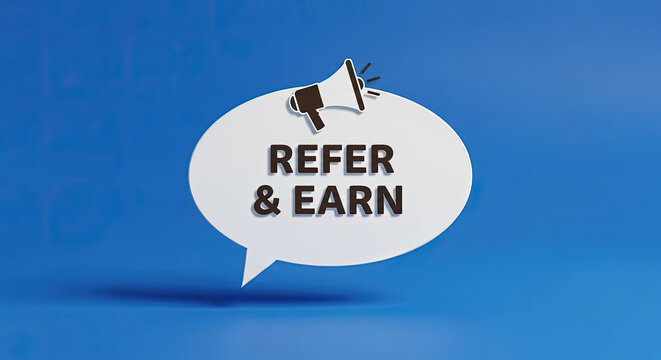 Refer a Friend and Earn Rewards: Marketing Campaign with Megaphone and Speech Bubble on Blue Background. Referral Program, Affiliate Marketing Concept.