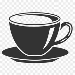 Vector art of a steaming cup of coffee sits on a saucer with coffee beans