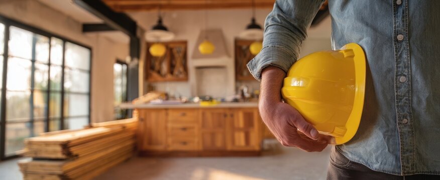 The construction worker holding a yellow hardhat in a modern interior space.
