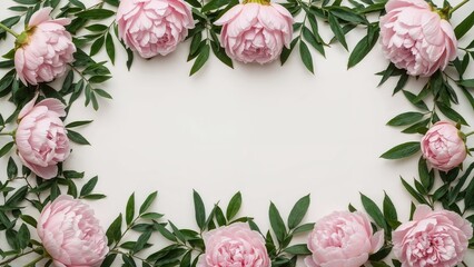 Fototapeta premium Overhead shot of pink peonies, foliage, and scattered petals in a flat lay arrangement