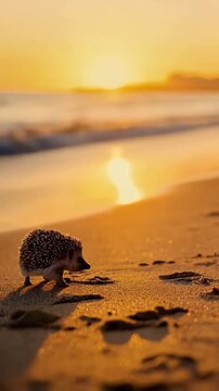 Cute Hedgehog Walking on Beach at Sunset with Ocean Reflections