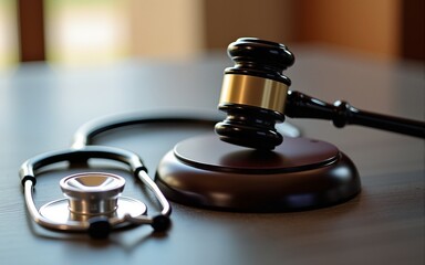 Stethoscope with gavel. Judicial and medical symbols representing health law concept. High quality
