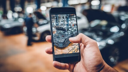 service support assistance workflow. A person holding a smartphone displaying a car design in a garage setting.