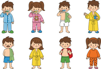 Children brushing teeth, wearing pajamas, bathrobes, healthy morning routine illustration, cute kid hygiene habits, school preparation, vector cartoon set