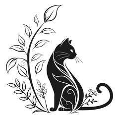 Vector art of a black cat sitting near plants isolated on white background