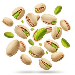Scattered pistachios falling isolated on white background