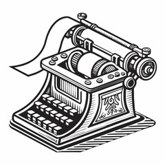 Vector art of a vintage typewriter is shown in a black and white graphic