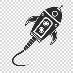 Vector art of a retro rocket ship soars through space on a mission