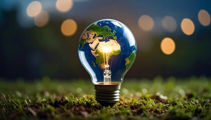 Earth globe inside a lit lightbulb, natural setting