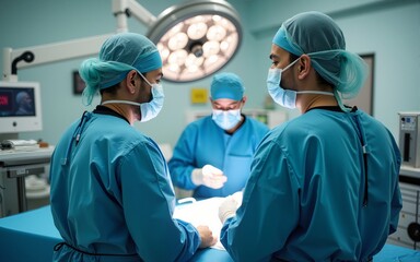 Surgeon and anesthetist doctor ER surgical team with medical clinic room background for emergency nursing care professional teamwork and patient trust in ICU hospital's hospitality concept