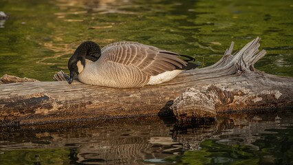 Waterfowl dozing on a wooden plank before twilight