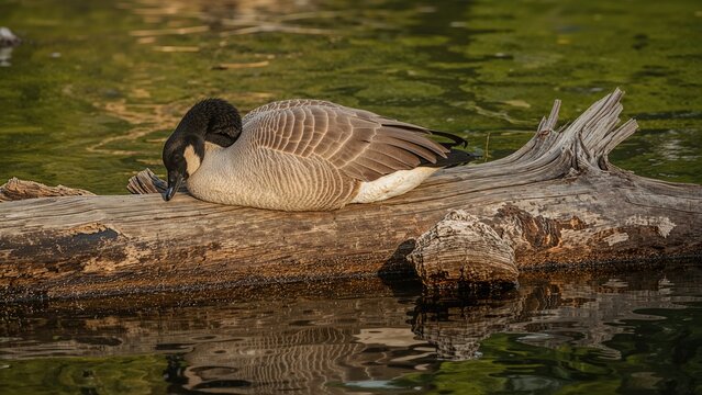 Waterfowl dozing on a wooden plank before twilight