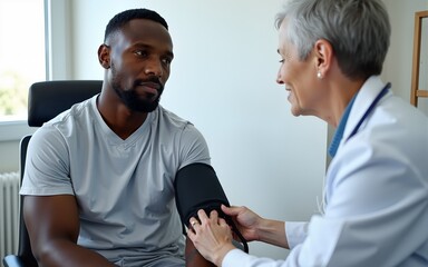 Fototapeta premium Handsome african-american patient seated in medical room having his blood pressure checked by senior doctor. Mature white female physician checking male patients blood pressure in health clinic