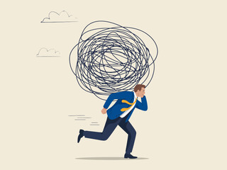 Businessman Running Away From a Tangled Mess of Problems and Stress.