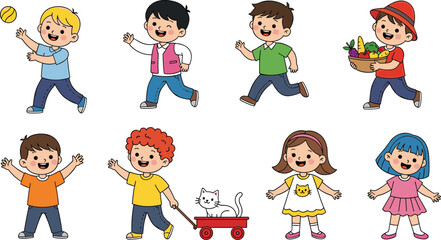 Happy children, cartoon kids, playing ball, pulling wagon, holding basket, cat, fruits, running, colorful illustration, joyful activities, outdoor fun